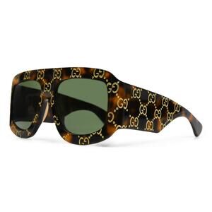 Gucci GG0983S 002 Havana Gold Green Lens Soft Square Oversize Monogram Sunglass